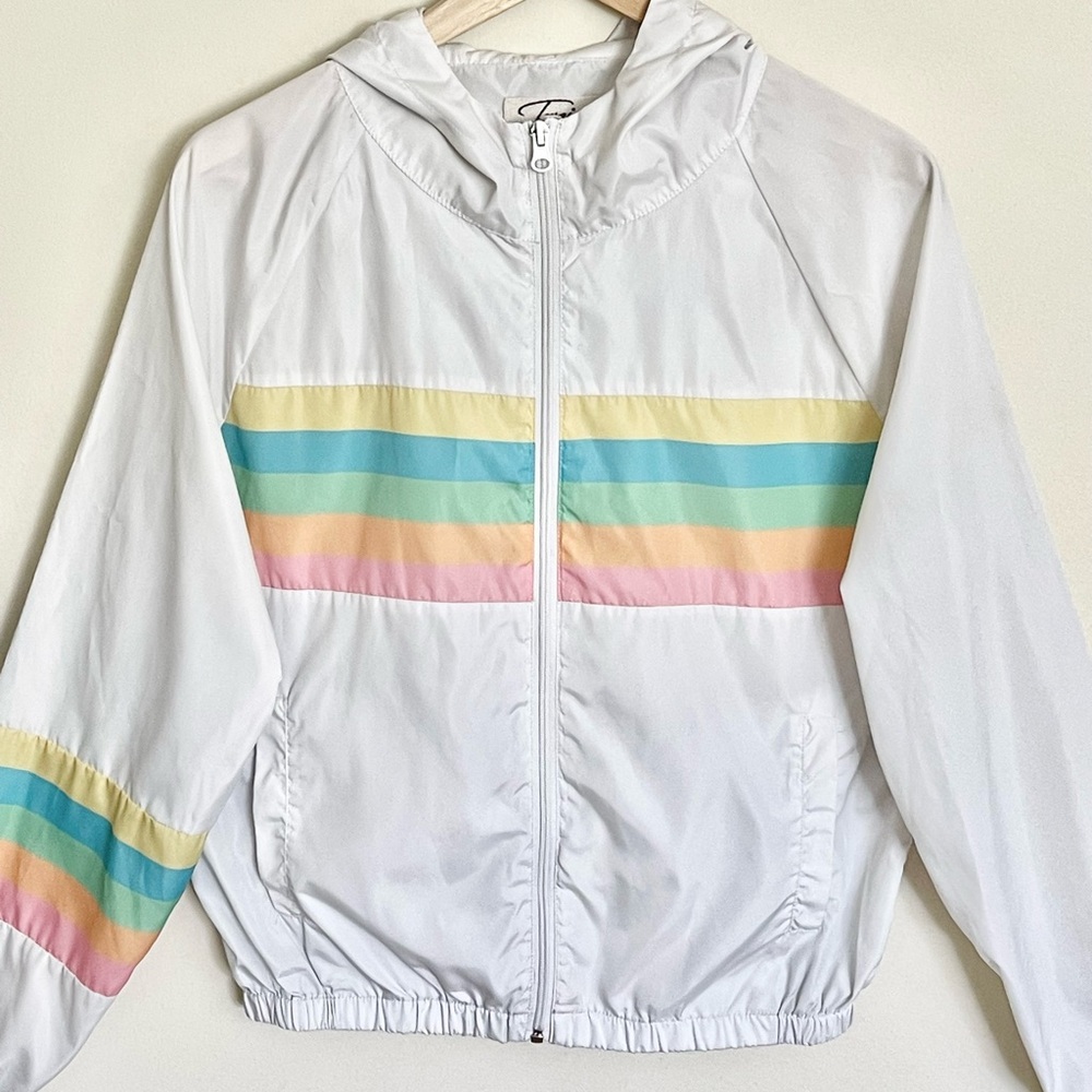 Twain Retro Rainbow Pastel White Zip Up Windbreaker Jacket Women’s Medium - Picture 3 of 10